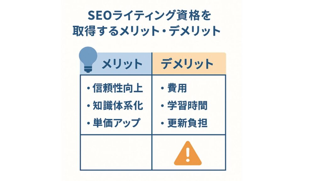 SEO資格を取得するメリット・デメリットの比較表