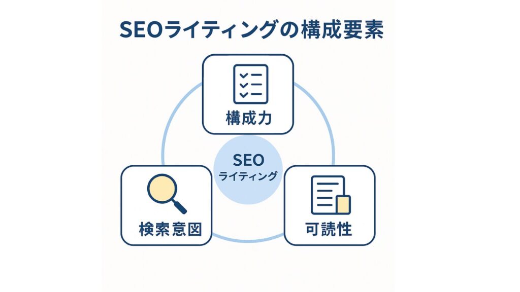 SEOライティングの構成要素である「構成力」「検索意図」「可読性」を示すイラスト