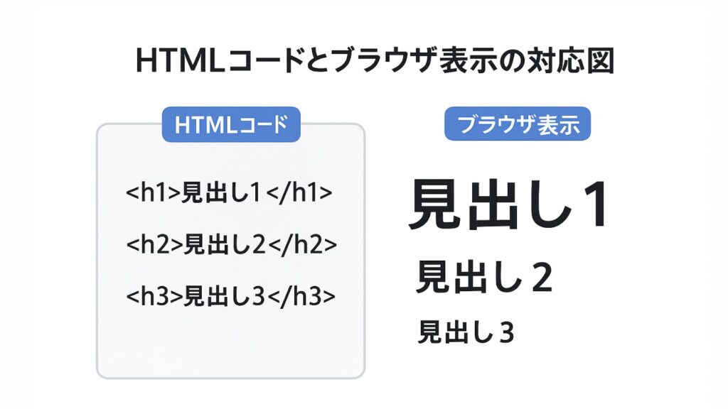 「HTMLコードとブラウザ表示の対応図」と書かれたイメージ図