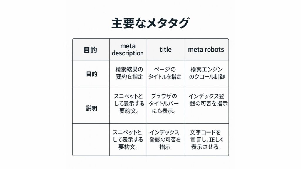 主要なメタタグの内容を示す表