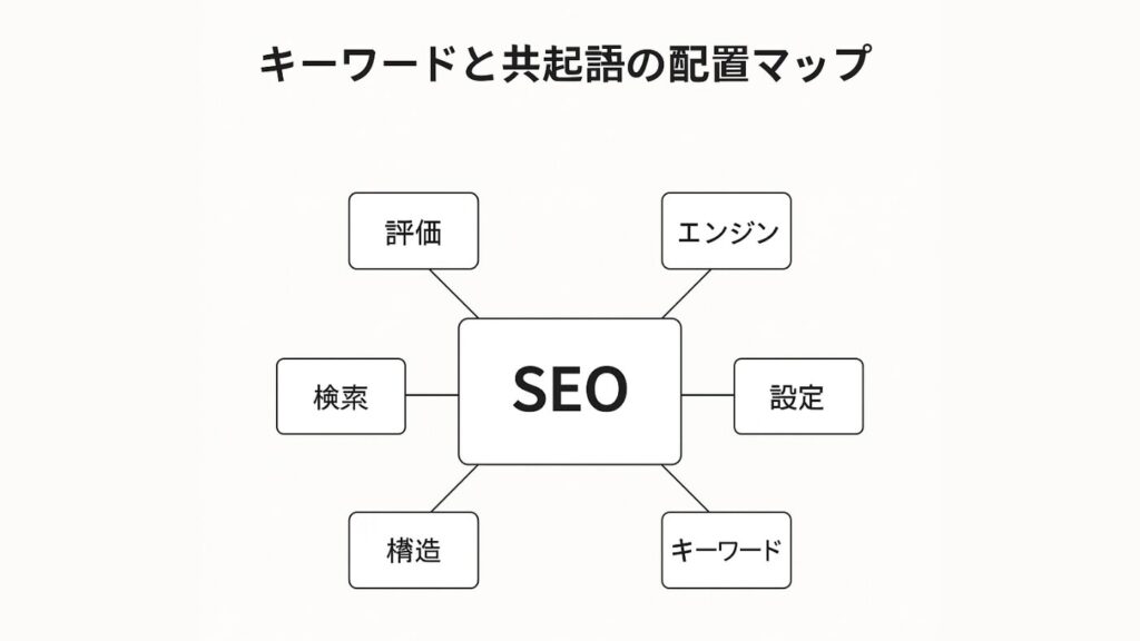 「キーワードと共起語の配置マップ」と書かれた概念図