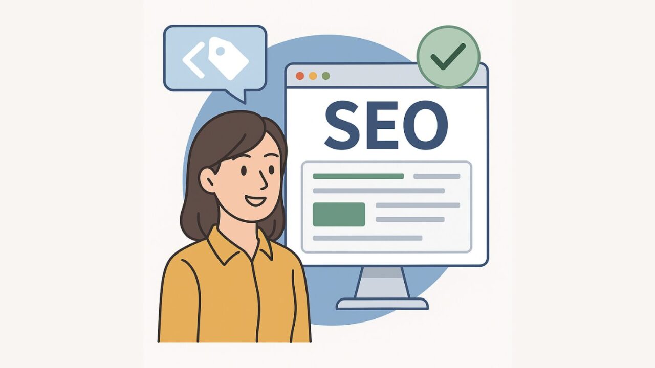 女性がSEOとタグの関係を示しているイラスト