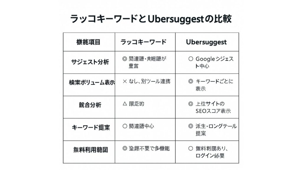 ラッコキーワードとUbersuggestの比較をした表