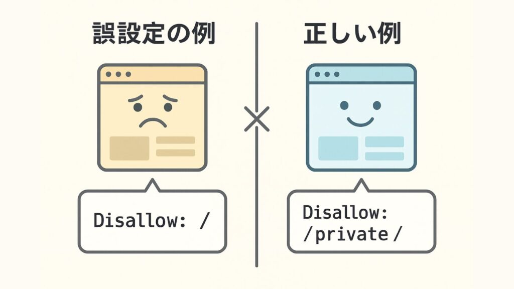 robots.txtの正しい設定と誤った設定のイメージ