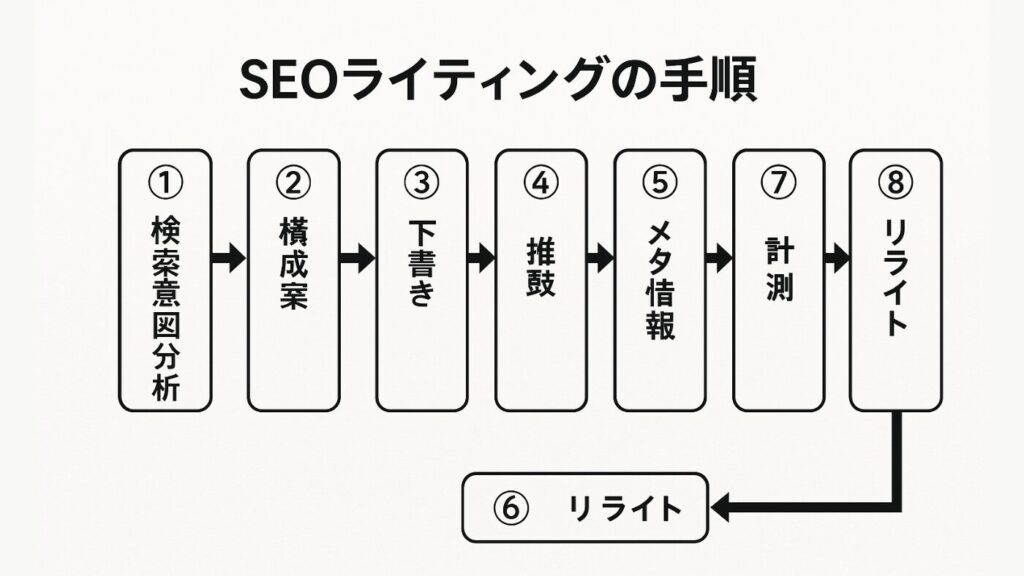 SEOライティングの手順をフローチャートでまとめたもの